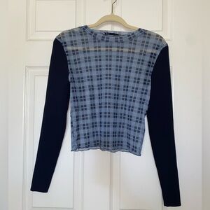 ZARA Blue gingham top with ribbed sleeves — size large & 30 mx